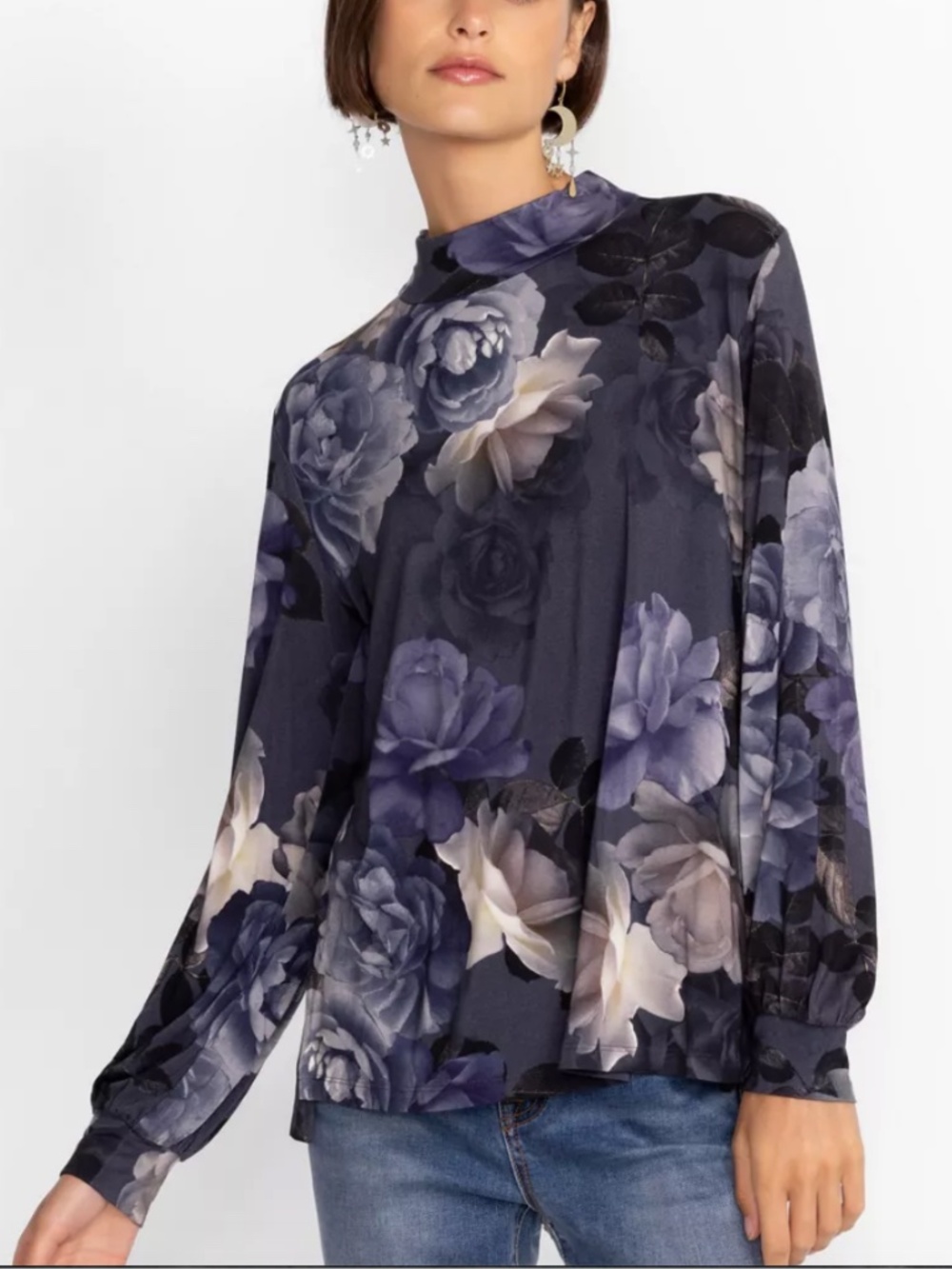 Johnny Was Janie Favorite Grey Peony Puff Sleeve Mock Neck Top XXS